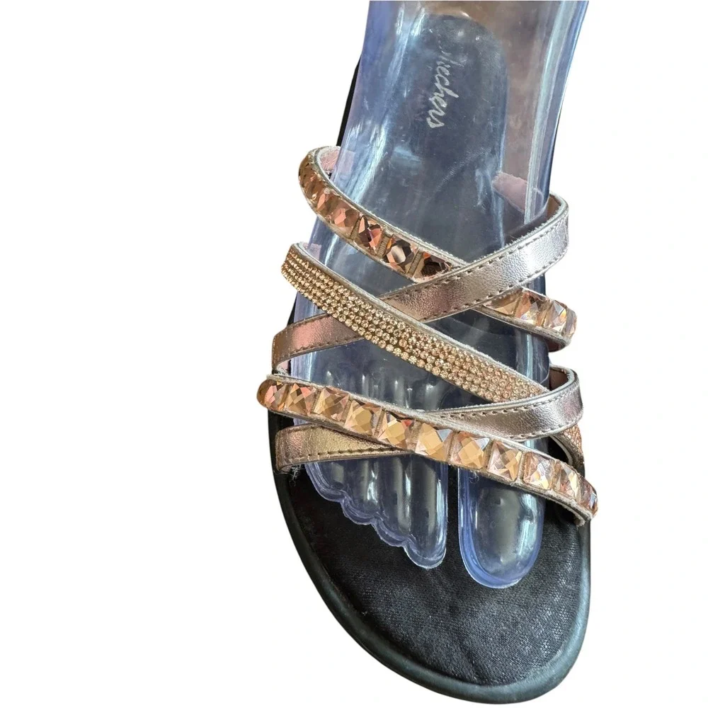 Skechers Wedge Sandals Womens 9 Rose Gold Excellent Rhinestone Strappy Slide